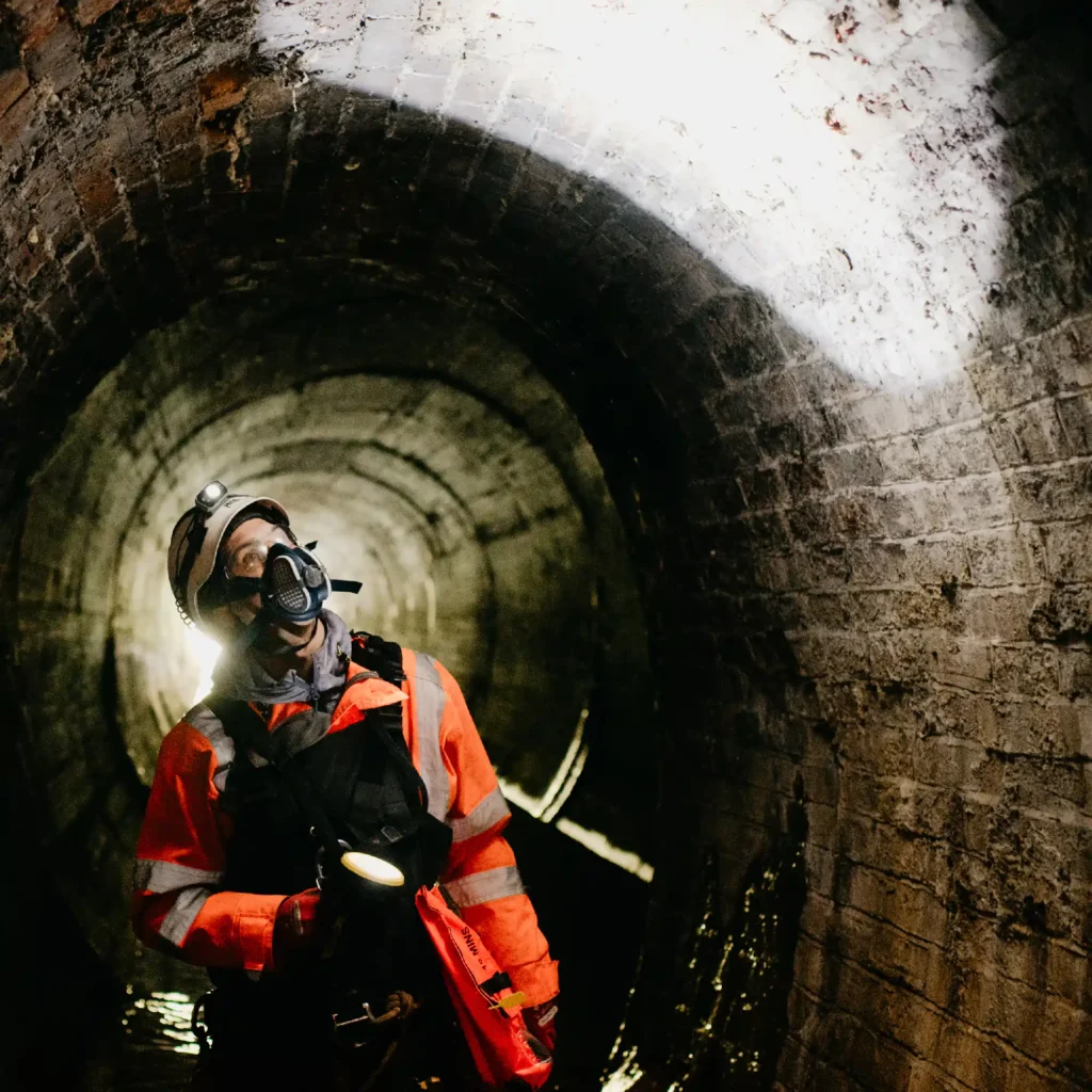 A man in high vis gear, in an old victorian brick sewer inspecting the structure with an industrial strength torch.